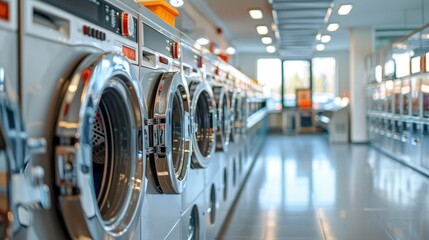 Urban Convenience, Modern Laundromat Interior Featuring Rows of Washing Machines. Clean and Bright Self-Service Laundry Facility, Reflecting Urban Daily Life Concept. - obrazy, fototapety, plakaty