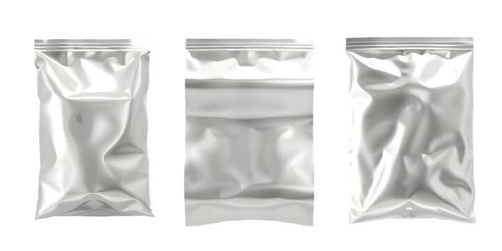 Set of white blank aluminum foil food packing bags ,product mockup, isolated on a white or transparent background.