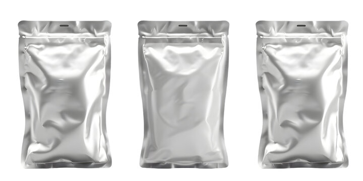 Set of white blank aluminum foil food packing bags ,product mockup ,isolated on a white or transparent background.