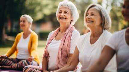 Elderly Woman and Friends Sitting on Yoga Mats. Group Meditation in the Park.
