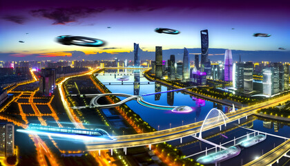 Futuristic Cityscape at Dusk with Advanced Technology, Generative AI