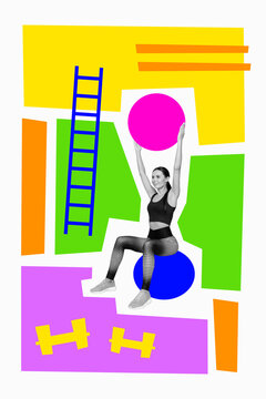 Vertical creative collage picture young sportive girl exercise fitness warmup stretching body care shaping drawing background