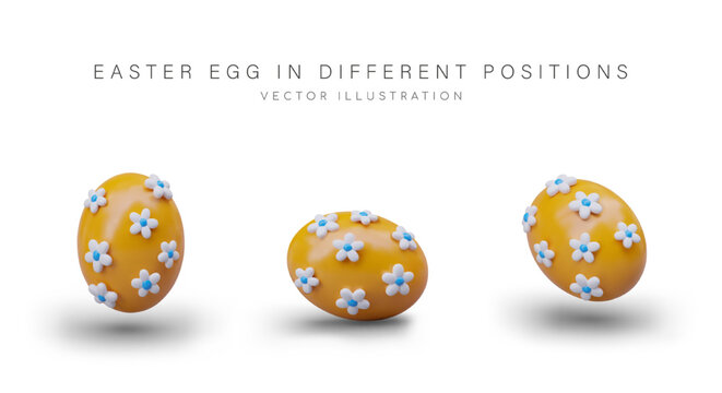 3D yellow Easter egg decorated with flowers. Set of vector objects in different positions