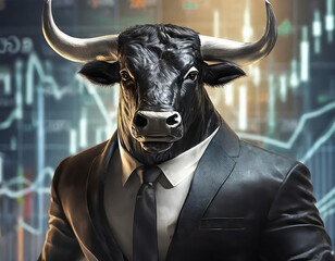 Bull in a suit and tie as a symbol for rising share prices, bull market. Business, trading, investment, growth, profit, progress. Generated with AI.