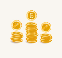stack of golden coins with bitcoin symbol and question mark, question about the future of cryptocurrency