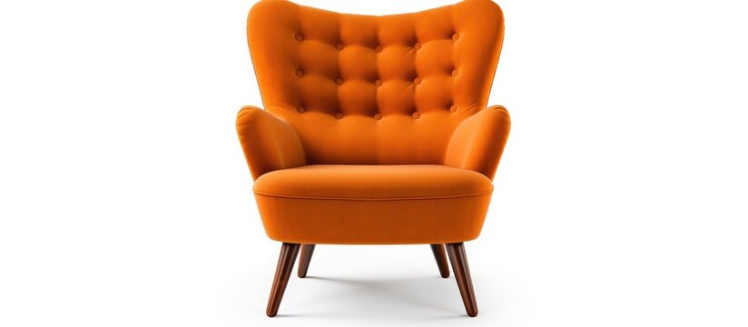 A retro orange chair stands prominently against a stark white background. The chairs unique design and vibrant color draw the eye, creating a striking visual contrast.