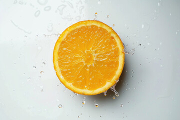 A juicy orange slice with water droplets on a white background