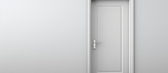 A realistic illustration of an open white door in a white room. The door is framed by a textured grey wall, showcasing a simple and minimalistic design.