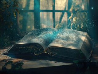 An old open book with lights of fantasy and mysticism