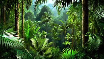 Deep tropical jungles. Dark rainforest, sun rays through the trees, rich jungle greenery.