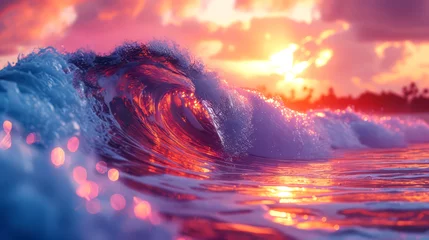 Zelfklevend Fotobehang Beautiful sunset on the sea with waves. © suwandee