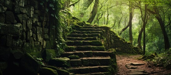A set of stone steps ascends through a tunnel in a vibrant green forest. The steps provide access to the dense foliage and towering trees within the forest, creating a path for exploration and