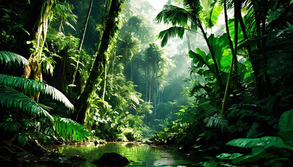 Deep tropical jungles. Dark rainforest, sun rays through the trees, rich jungle greenery.