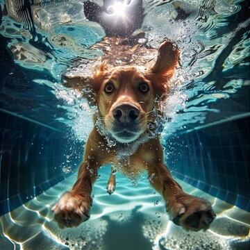 A dog swimming underwater in a pool, non-standard angle, authentic photo, non-standard angle of view