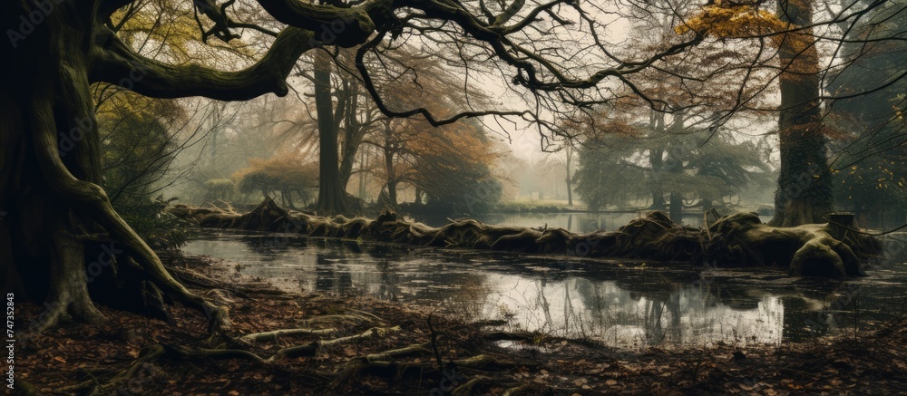Poster a stream meanders its way through a dense forest filled with towering trees, creating a picturesque 