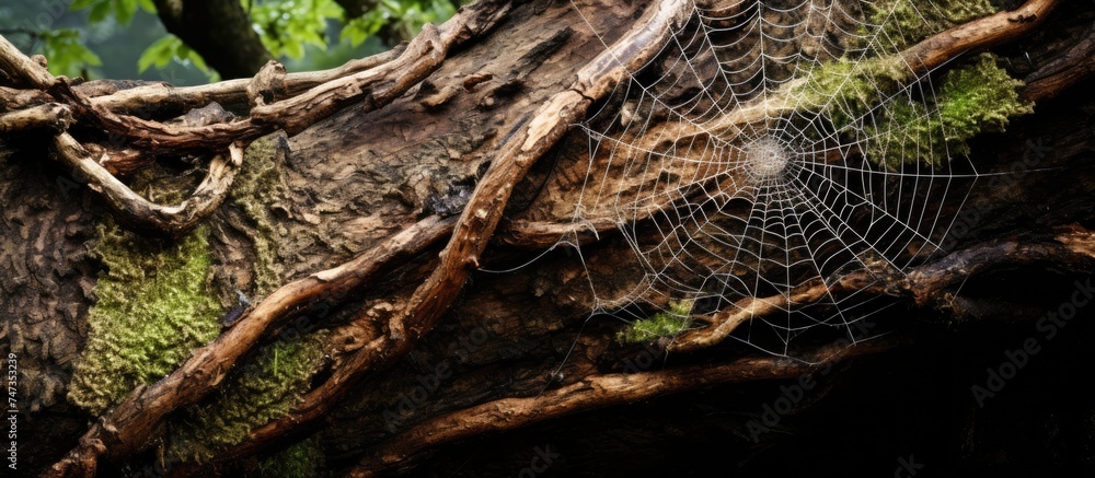 Poster a spider web intricately weaves through the branches of an aged tree trunk, creating a delicate and 