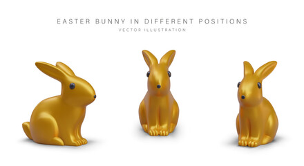 Golden hare, bunny on white background. Metal figurine of animal, view from different sides