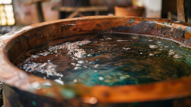 A focused image of a large copper vat filled with boiling water and natural dyes demonstrating the traditional od of dye extraction from raw materials.