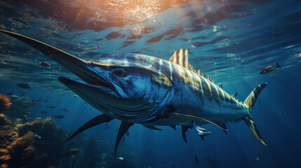 A big blue marlin swordfish jumping out of the ocean, sea animals.