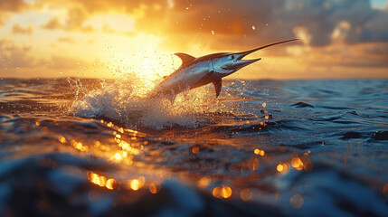 Obraz premium A big blue marlin swordfish jumping out of the ocean, sea animals.
