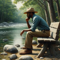 A man wearing a hat sits pensively on a wooden bench by a calm river surrounded by lush greenery