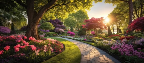 A detailed painting showcasing a garden filled with colorful flowers and towering trees. The flowers are in full bloom, adding pops of reds, yellows, pinks, and purples to the scene. The trees provide