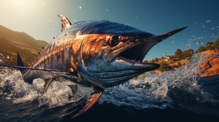 A big blue marlin swordfish jumping out of the ocean, sea animals. - obrazy, fototapety, plakaty