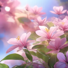 Pink Flowers in the Sky: A beautiful spring scene featuring blooming pink flowers against a blue sky backdrop