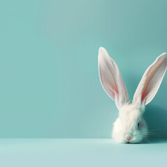 Fototapeta na wymiar White rabbit ear on pastel blue background