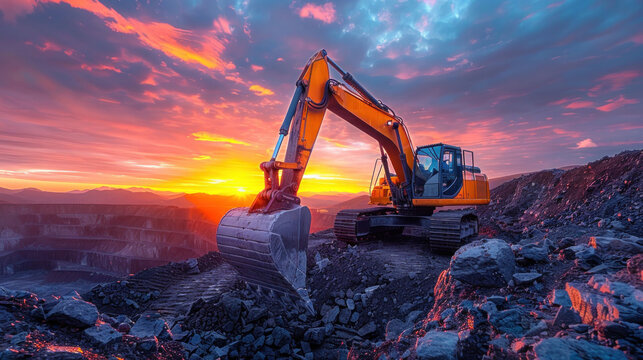 A Large dragline excavator in quarry on sunset sky with cloud background.