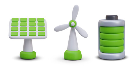 Solar panel, windmill, huge charged battery. Set of vector objects of natural energy