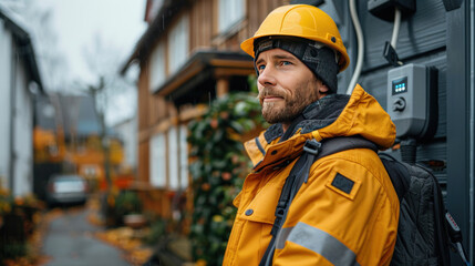 A qualified technician install home EV charging station, providing maintenance service for electric vehicle's battery charging platform at home.