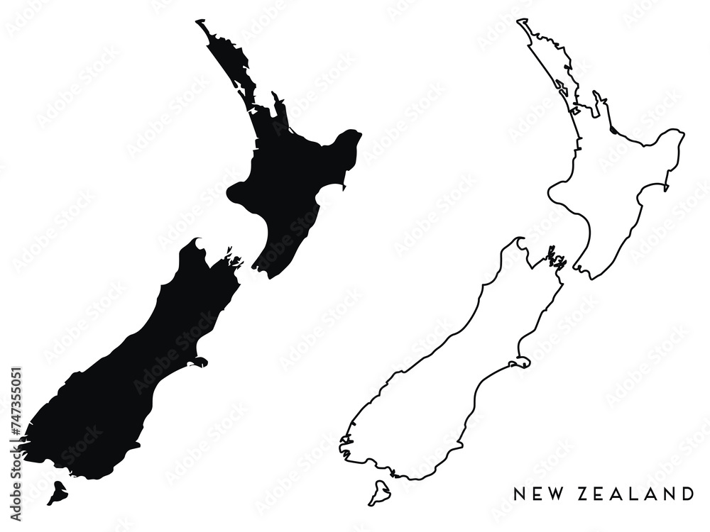 Wall mural New Zealand map outline and black silhouette vector