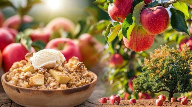 A snapshot of a sundrenched orchard b with trees heavy with juicy apples paired with a photo of a rustic apple crisp topped with a scoop of vanilla ice cream tempting the