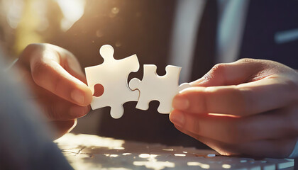 People holds in hand a jigsaw puzzle. Business solutions, success and strategy.