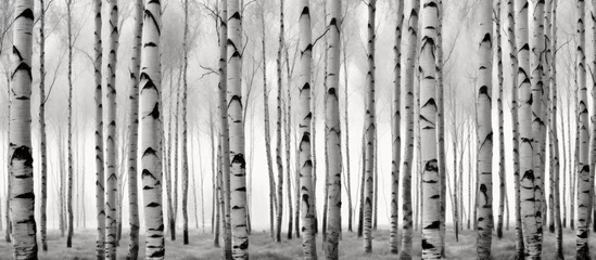Fotobehang A black and white photograph showing a grove of tall birch trees in a forest. The contrast between the white bark and dark background creates a striking visual impact. © AkuAku