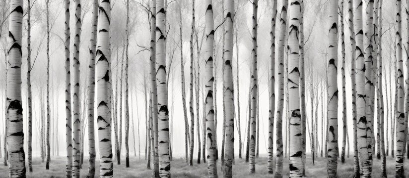 A black and white photograph showing a grove of tall birch trees in a forest. The contrast between the white bark and dark background creates a striking visual impact.