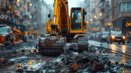 Construction Workers Operating Excavators at a Building Site, Heavy Machinery.