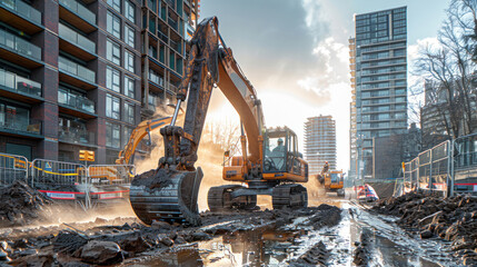 Construction Workers Operating Excavators at a Building Site, Heavy Machinery. - obrazy, fototapety, plakaty