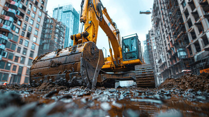 Construction Workers Operating Excavators at a Building Site, Heavy Machinery.