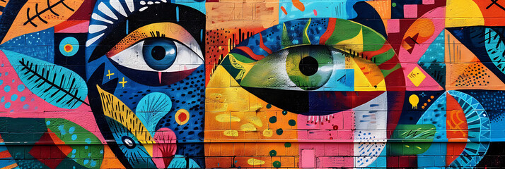 Vibrant street art mural adorning a city wall, showcasing bold colors and intricate designs that capture the energy and diversity of urban culture 