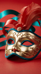 Elegant Venetian carnival mask on red background