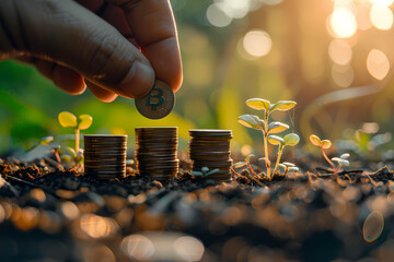 Hand placing coin on pile in natural environment with leaves and grass