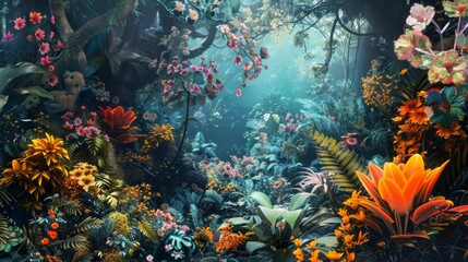 Fototapeta na wymiar A magical and lush forest teeming with vibrant flowers and exotic plant life, invoking a sense of wonder.
