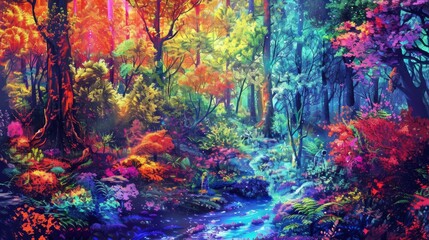 A magical forest comes alive with a kaleidoscope of colors, where a mystical stream flows through a landscape adorned with radiant flora and ethereal lighting.