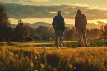 Two retired male friends, sharing an afternoon of playing golf - obrazy, fototapety, plakaty