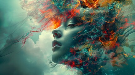 A woman's profile is artistically enhanced with swirling, colorful smoke, creating a dynamic and surreal visual effect.