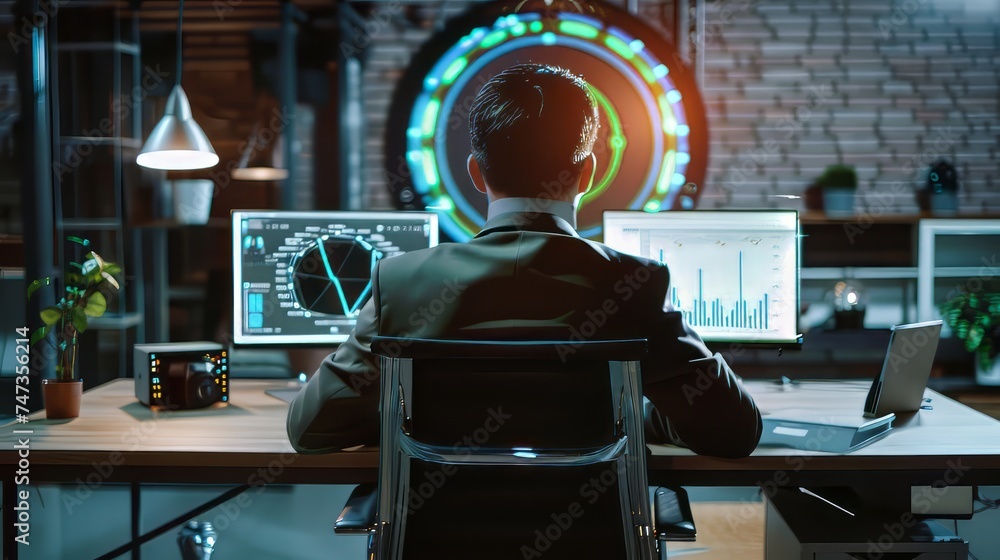 Aufkleber businessman initiating new project in modern office with holographic computer target - startup conce