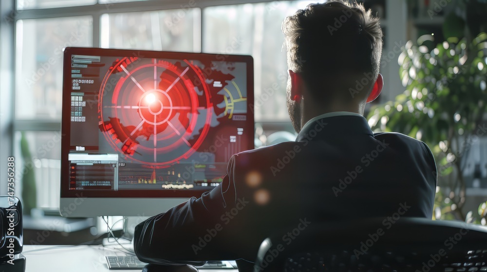 Aufkleber businessman initiating new project in modern office with holographic computer target - startup conce