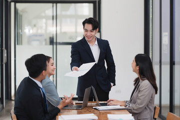 Professional business formal meeting conference discussion with coworkers and shareholders in the meeting room.